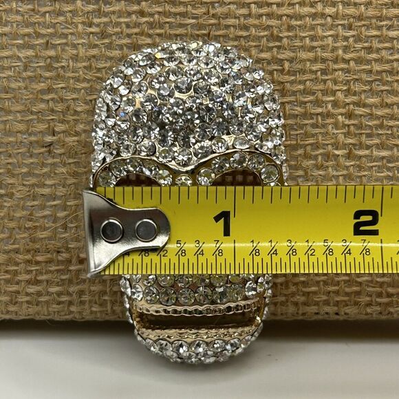 Clear Rhinestones Gold Tone Skull Bling Bling Wrist Buckle W/ Bracelet Strap - Picture 7 of 12